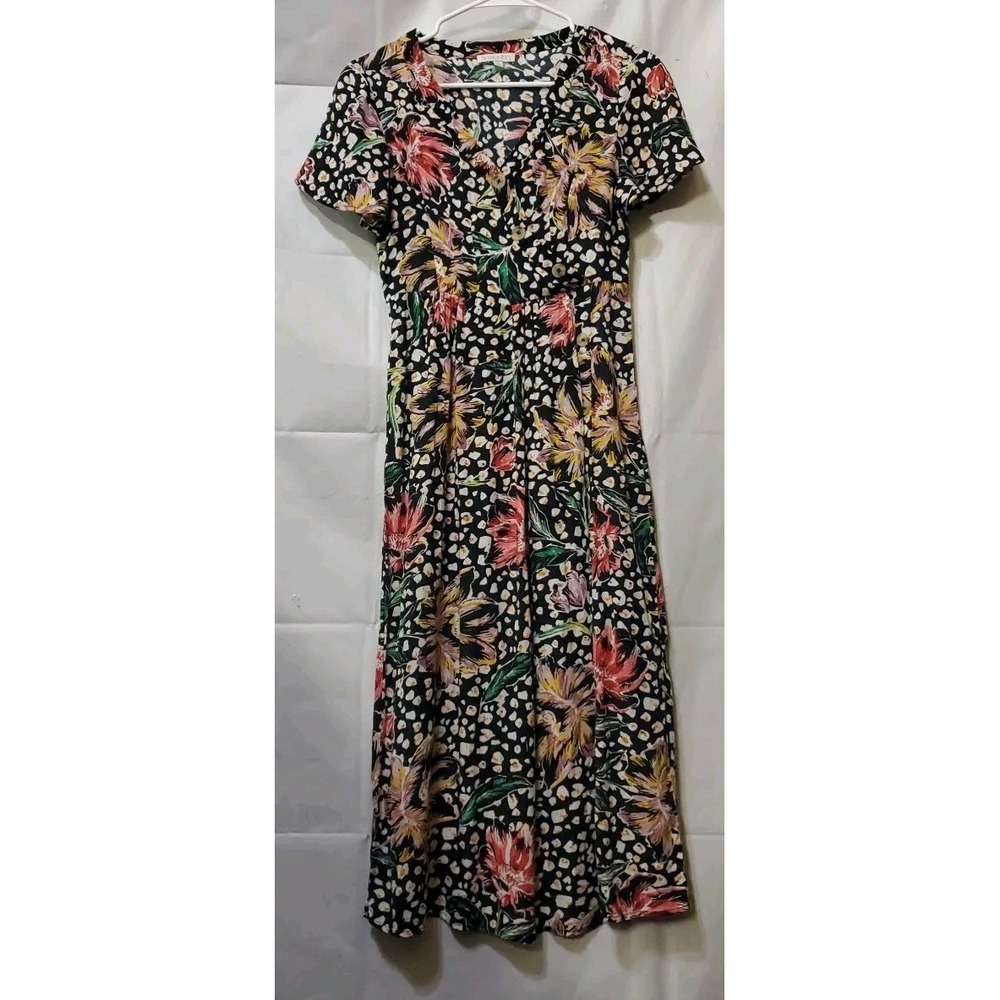 Patrons Of Peace Dress Women XS Black Floral Wrap Maxi Short Sleeve Cottagecore
